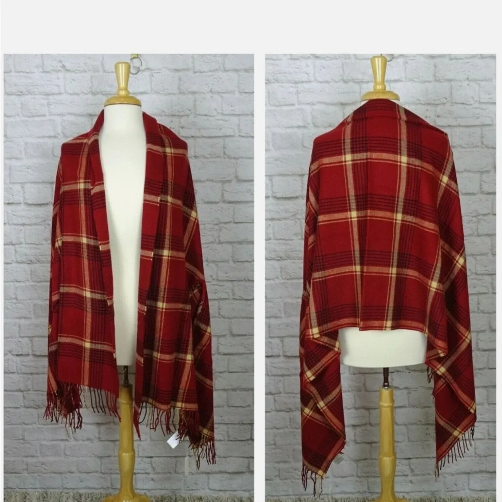 Madewell Red Plaid Scarf Cape Poncho with‎ Armholes Fringe Trim Oversized Wrap